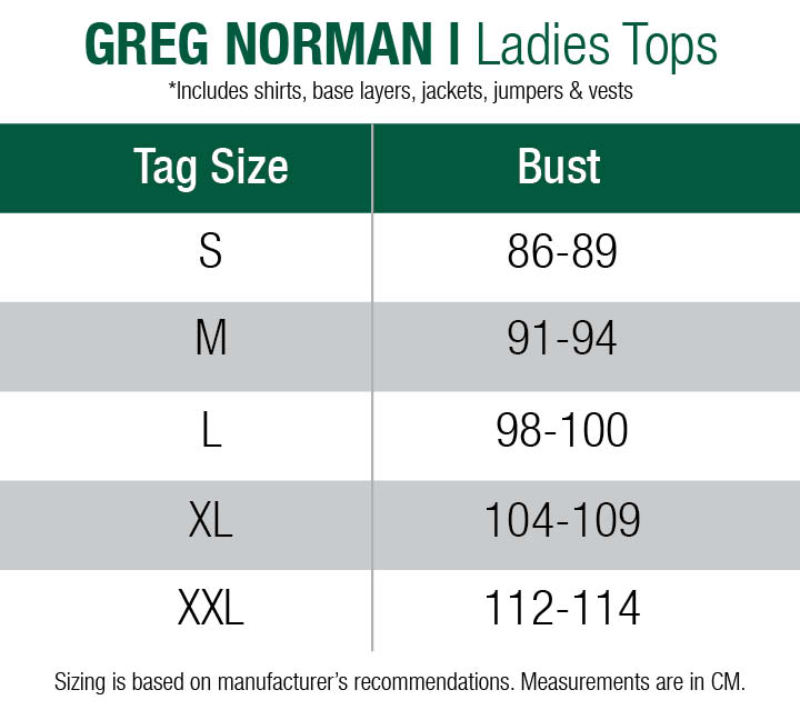 greg norman-shirts-womens size chart
